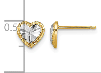 14k w/ Rhodium D/C Heart Post Earrings, 6.55 x 6.9mm