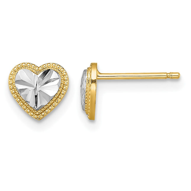14k w/ Rhodium D/C Heart Post Earrings, 6.55 x 6.9mm