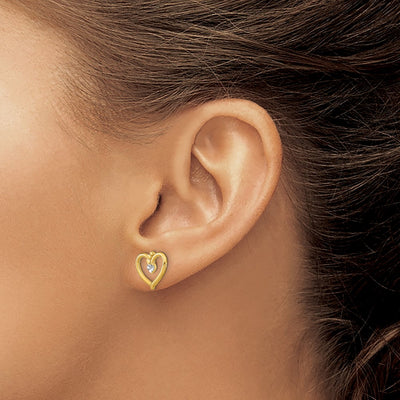 14K w/ Rhodium D/C Heart Post Earrings, 10 x 11mm