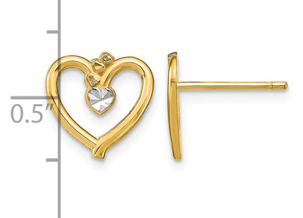 14k w/ Rhodium D/C Heart Post Earrings, 10 x 11mm