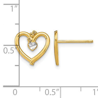 14K w/ Rhodium D/C Heart Post Earrings, 10 x 11mm