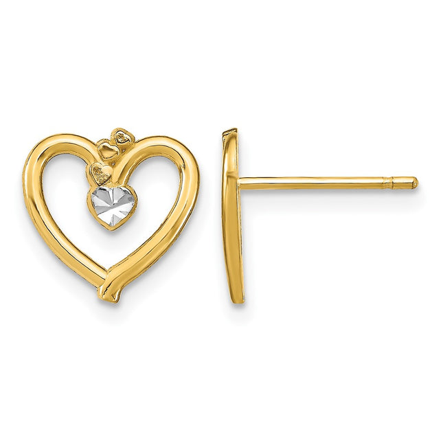 14k w/ Rhodium D/C Heart Post Earrings, 10 x 11mm