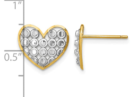 14k w/ Rhodium D/C Heart Post Earrings, 11.95 x 12.85mm