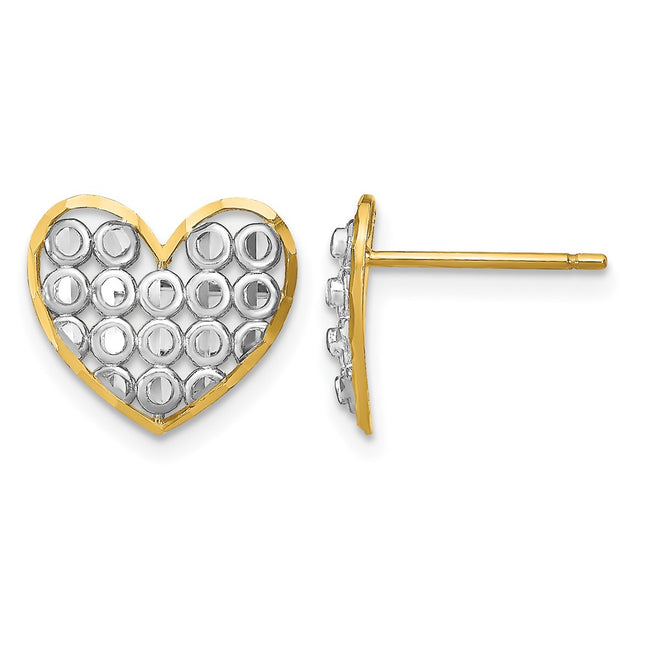 14k w/ Rhodium D/C Heart Post Earrings, 11.95 x 12.85mm