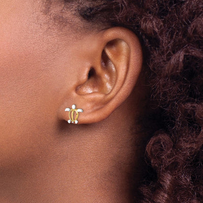 14K W/ Rhodium Sea Turtle Post Earrings, 10 x 10.75mm