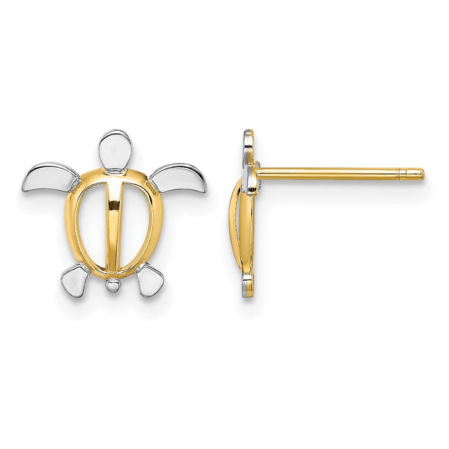 14K W/ Rhodium Sea Turtle Post Earrings, 10 x 10.75mm