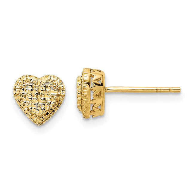 14k Polished Diamond-cut Heart Post Earrings, 7.25 x 7.5mm