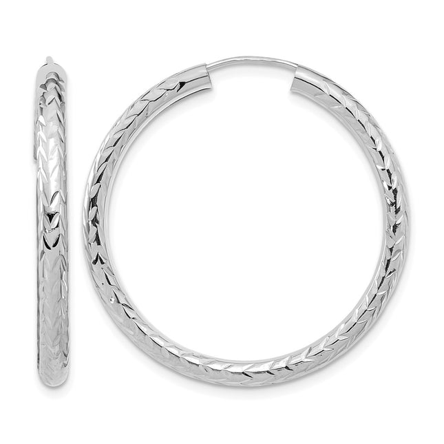 14k White Gold Polished & D/C Endless Hoop Earrings, 35 x 3mm