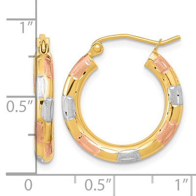 14K w/White and Rose Rhodium Polished Satin Diamond-cut Hoop Earrings, 21.5 x 3mm