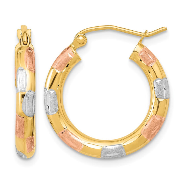 14k w/White and Rose Rhodium Polished Satin Diamond-cut Hoop Earrings, 21.5 x 3mm