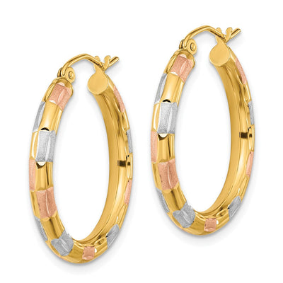 14K w/White and Rose Rhodium Polished Satin Diamond-cut Hoop Earrings, 26.5 x 3mm