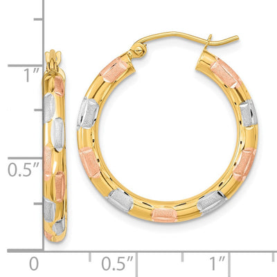 14K w/White and Rose Rhodium Polished Satin Diamond-cut Hoop Earrings, 26.5 x 3mm