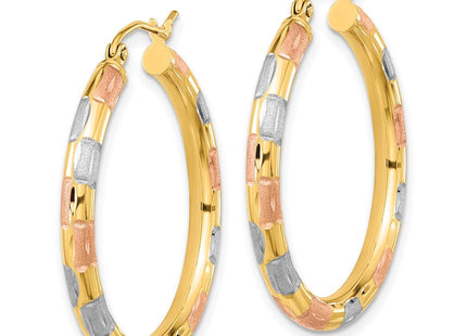 14k w/ White and Rose Rhodium Polished Satin Diamond-cut Hoop Earrings (Style TF1020)