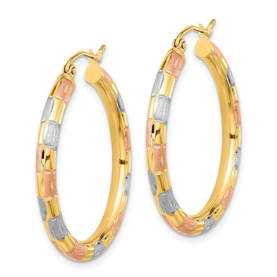 14K w/ White and Rose Rhodium Polished Satin Diamond-cut Hoop Earrings, 32.25 x 3mm
