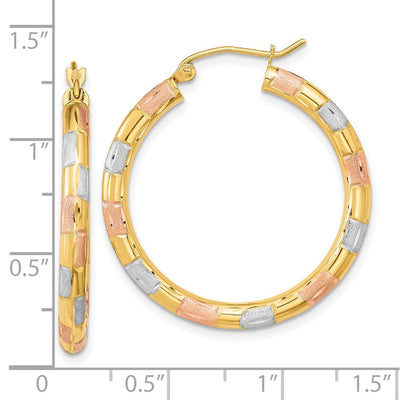14K w/ White and Rose Rhodium Polished Satin Diamond-cut Hoop Earrings, 32.25 x 3mm