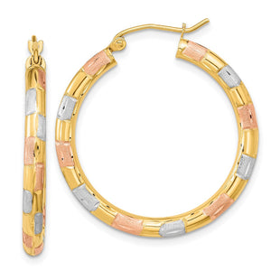 14k w/ White and Rose Rhodium Polished Satin Diamond-cut Hoop Earrings (Style TF1020)