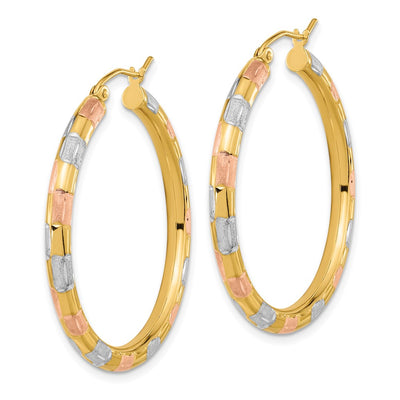 14K w/ White and Rose Rhodium Polished Satin Diamond-cut Hoop Earrings, 36.5 x 3mm