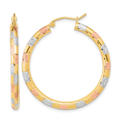 14K w/ White and Rose Rhodium Polished Satin Diamond-cut Hoop Earrings, 36.5 x 3mm