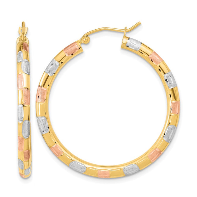 14k w/ White and Rose Rhodium Polished Satin Diamond-cut Hoop Earrings, 36.5 x 3mm