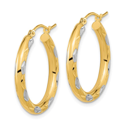 14K White Rhodium Polished Satin and Diamond-cut Hoop Earrings, 26.5 x 3mm