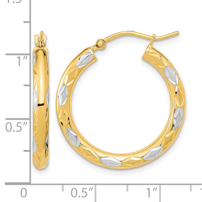 14K White Rhodium Polished Satin and Diamond-cut Hoop Earrings, 26.5 x 3mm