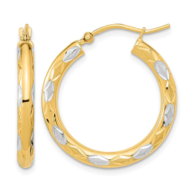 14k White Rhodium Polished Satin and Diamond-cut Hoop Earrings, 26.5 x 3mm