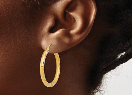 14k White Rhodium Polished Satin and Diamond-cut Hoop Earrings (Style TF1025)