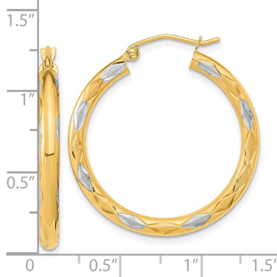 14K White Rhodium Polished Satin and Diamond-cut Hoop Earrings, 31.75 x 3mm