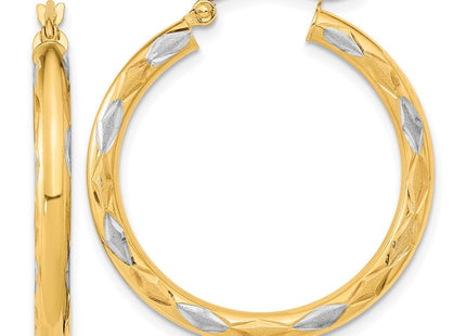 14k White Rhodium Polished Satin and Diamond-cut Hoop Earrings (Style TF1025)