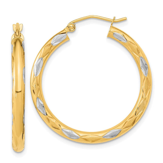 14k White Rhodium Polished Satin and Diamond-cut Hoop Earrings, 31.75 x 3mm