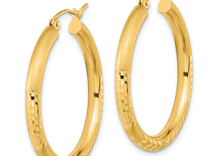 14k Polished Satin and Diamond-cut Hoop Earrings, 32.25 x 3mm