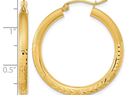14k Polished Satin and Diamond-cut Hoop Earrings, 32.25 x 3mm