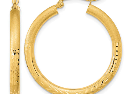 14k Polished Satin and Diamond-cut Hoop Earrings, 32.25 x 3mm