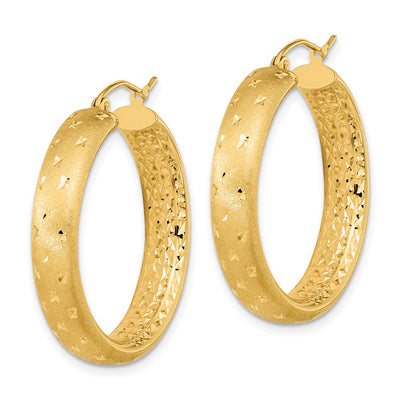 14K Polished Satin and Diamond-cut Hoop Earrings, 21.25 x 3mm