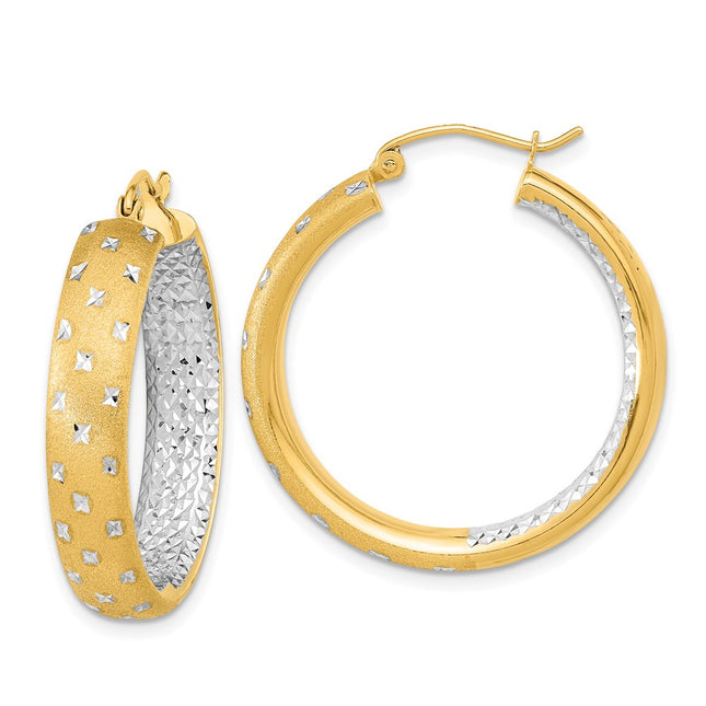 14k White Rhodium Polished Satin Diamond-cut In/Out Hoop Earrings, 30 x 5.75mm