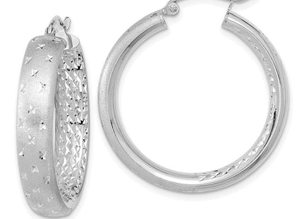 14k White Gold Polished Satin and Diamond-cut In/Out Hoop Earrings (Style TF1045W)