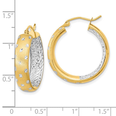 14K White Rhodium Polished Satin Diamond-cut In/Out Hoop Earrings, 25 x 5.75mm