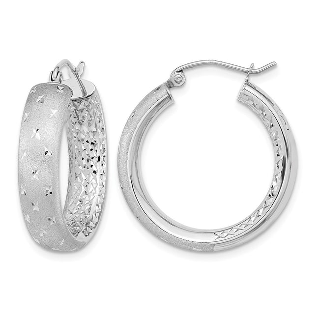 14k White Gold Polished Satin and Diamond-cut In/Out Hoop Earrings, 25 x 5.75mm