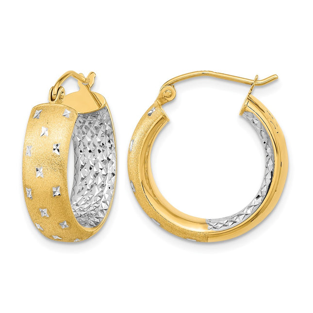 14k White Rhodium Polished Satin Diamond-cut In/Out Hoop Earrings, 21 x 5.75mm