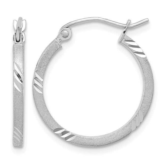 14k White Gold Satin Diamond-cut Square Tube Hoop Earrings, 21.75 x 1.75mm