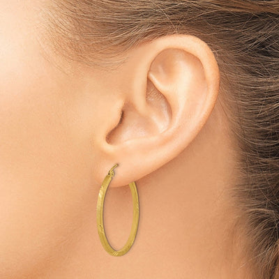 14K Satin Diamond-cut Square Tube Hoop Earrings, 31.5 x 1.75mm