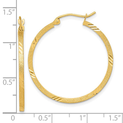 14K Satin Diamond-cut Square Tube Hoop Earrings, 31.5 x 1.75mm