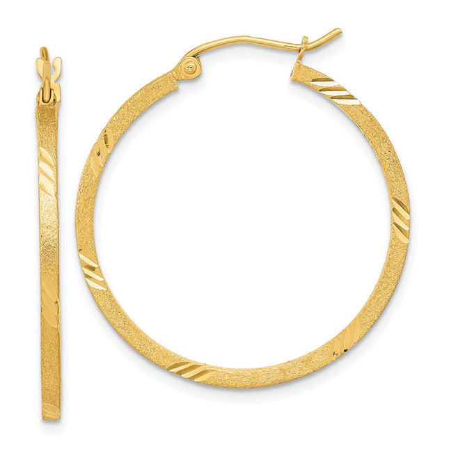 14k Satin Diamond-cut Square Tube Hoop Earrings, 31.5 x 1.75mm