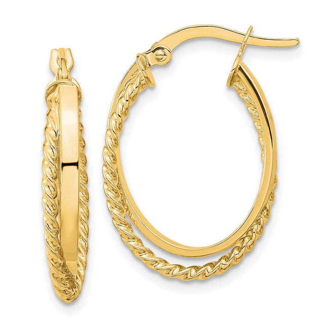 14K Polished & Textured Oval Hinged Hoop Earrings, 24.25 x 4mm