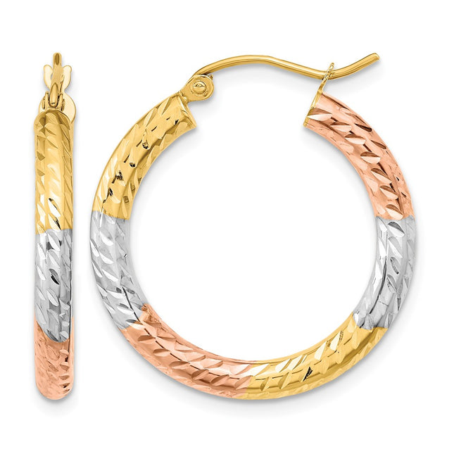 14k w/White and Rose Rhodium Polished Diamond-cut Hoop Earrings, 27.25 x 25.7mm