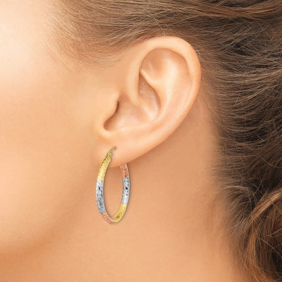 14K w/White and Rose Rhodium Polished Diamond-cut Hoop Earrings, 31.5 x 30.3mm