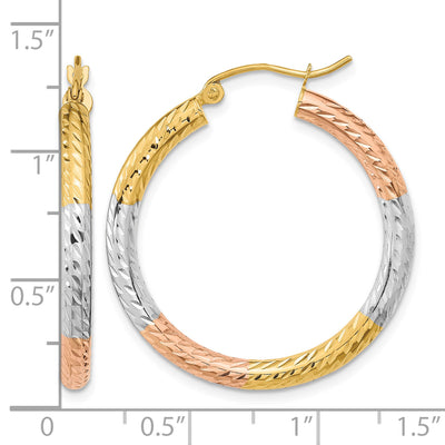 14K w/White and Rose Rhodium Polished Diamond-cut Hoop Earrings, 31.5 x 30.3mm