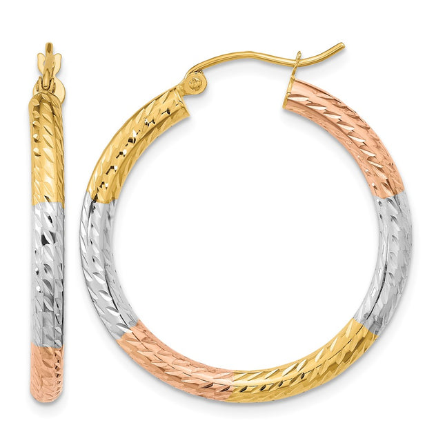 14k w/White and Rose Rhodium Polished Diamond-cut Hoop Earrings, 31.5 x 30.3mm