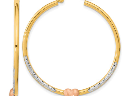 14k Two-tone with White Rhodium D/C Heart Hoop Earrings, 44.25 x 3.5mm
