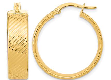 14k Polished Textured Hinged Hoop Earrings, 26.5 x 8mm